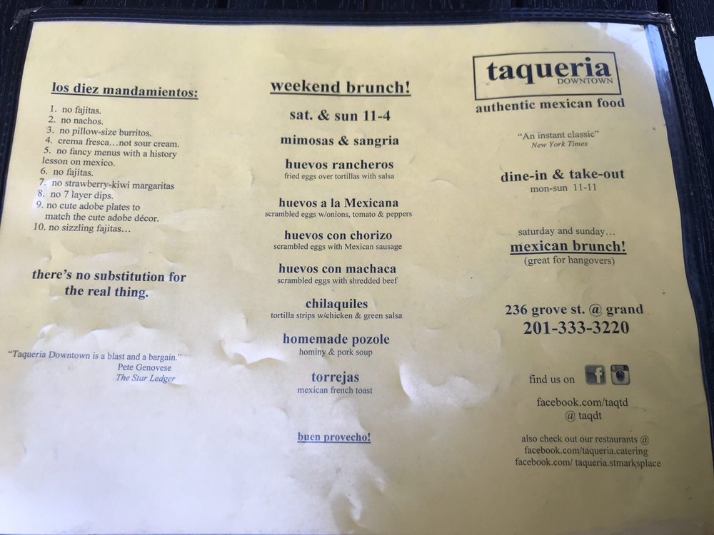 Taqueria Downtown printed menu, photographed in 2018