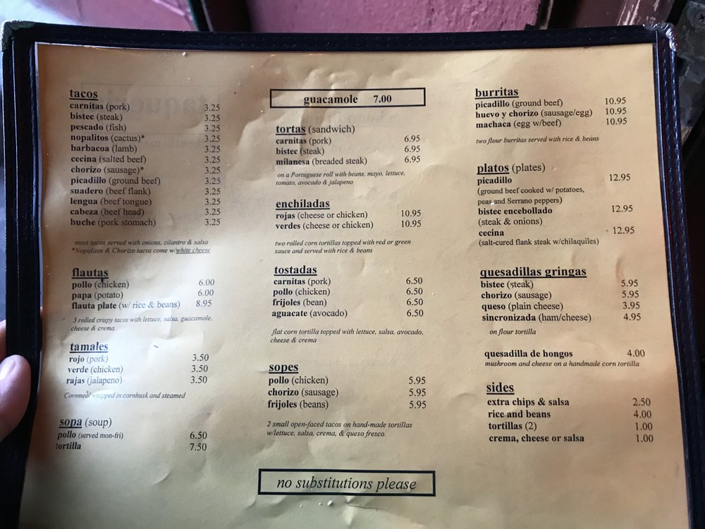 Taqueria Downtown printed menu, photographed in 2018